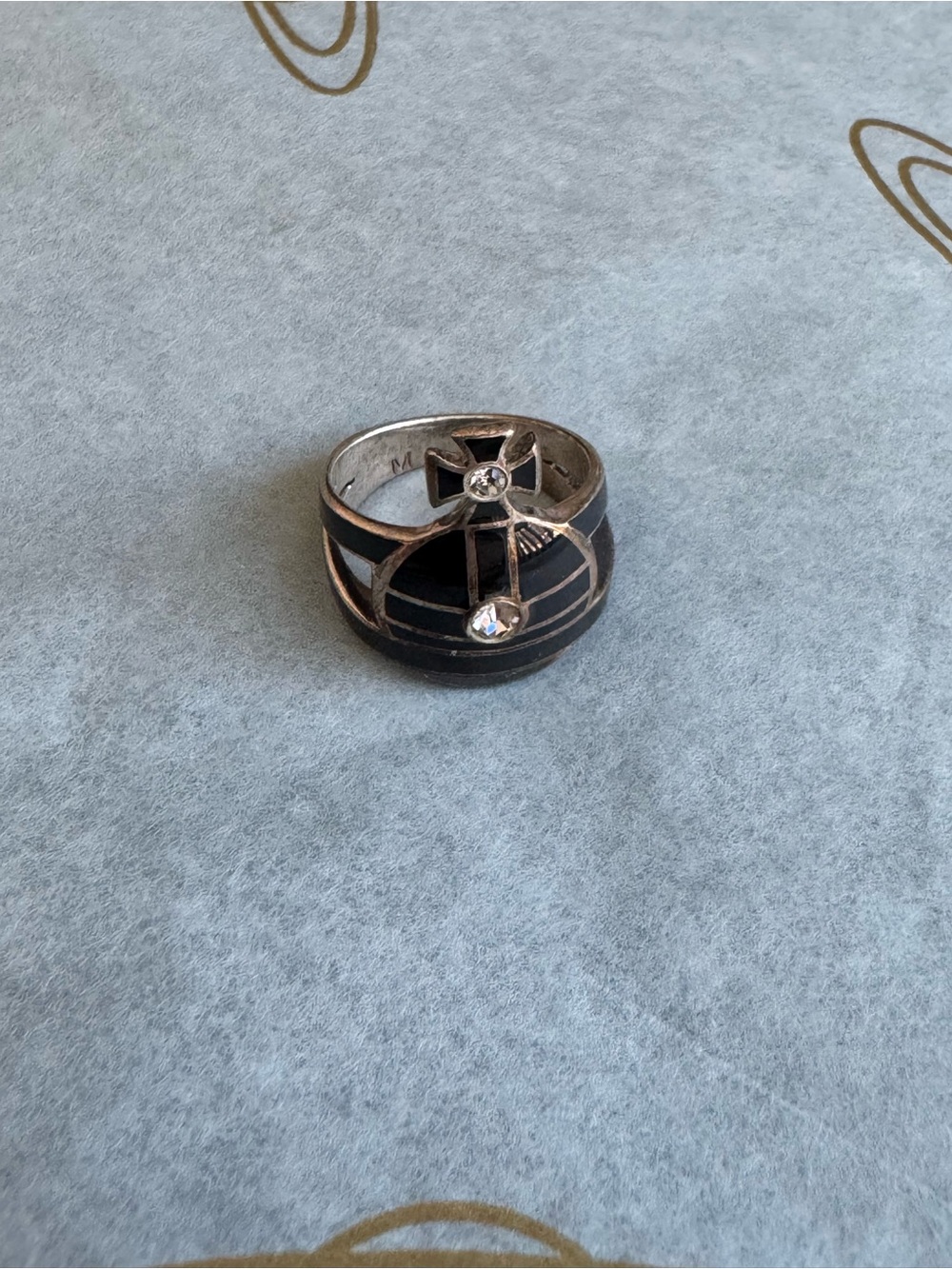 Men's Black Stainless Steel Cross Ring with Clear Stones
